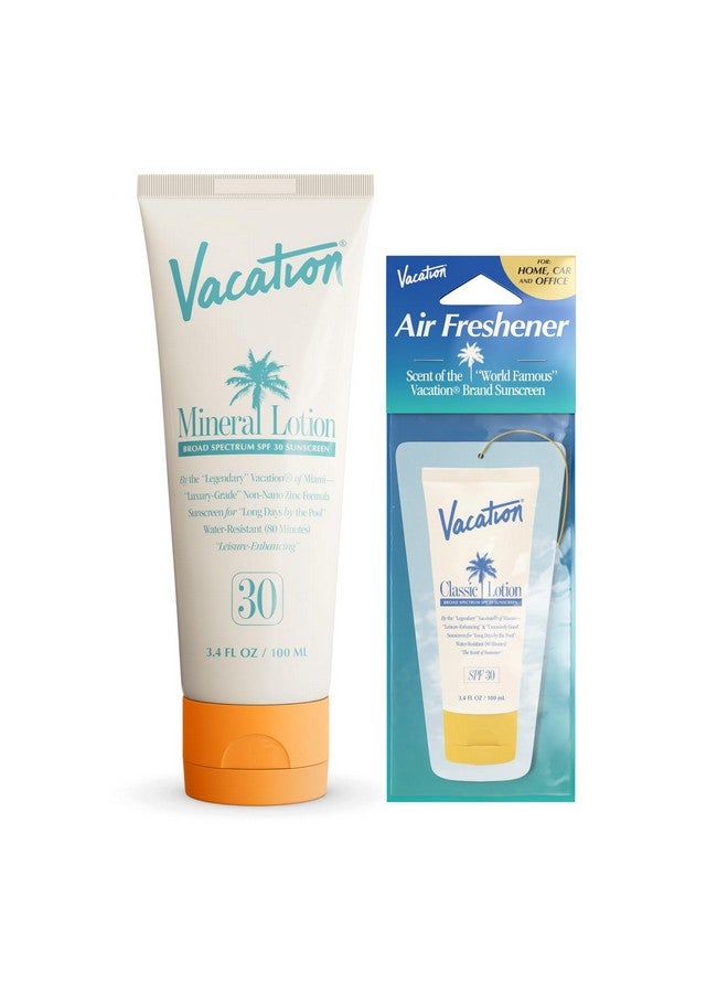 VACATION Mineral Lotion Sunscreen Spf 30 + Air Freshener Bundle Premium Zinc Sunscreen For Sensitive Skin Hydrating + Lightweight Mineral Based Sunscreen Dermatologist Tested 3.4 Fl. Oz. - Image 1