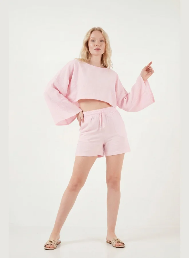 Lela Lela Cotton Comfort Fit Round Neck Muslin Set with Shorts for Women SET 5866317