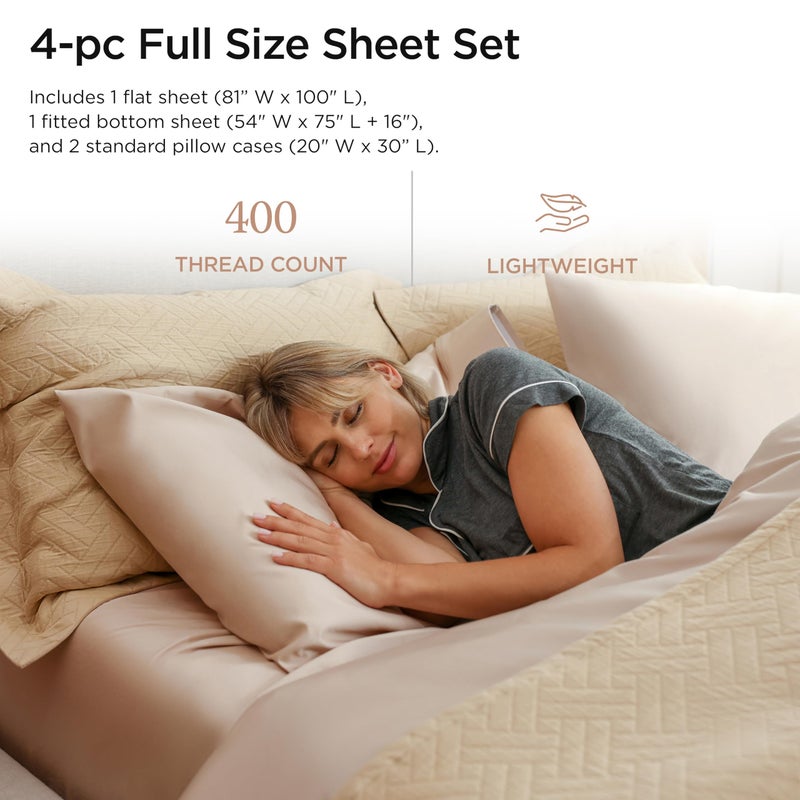 Threadmill Egyptian Cotton Full Size Sheet Set | 100% Certified Egyptian Cotton Sheets for Full Size Bed | Full Bed Sheets Set 16" Deep Pocket | Soft Sateen 4-Piece Cooling Bedding Set | Beige - Image 2