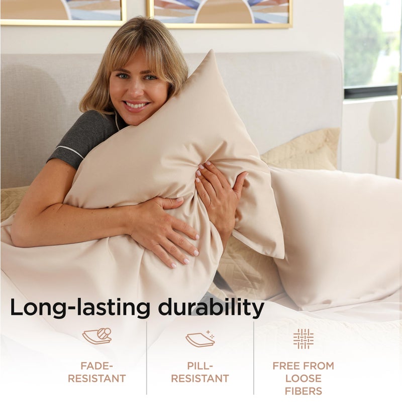 Threadmill Egyptian Cotton Full Size Sheet Set | 100% Certified Egyptian Cotton Sheets for Full Size Bed | Full Bed Sheets Set 16" Deep Pocket | Soft Sateen 4-Piece Cooling Bedding Set | Beige - Image 4