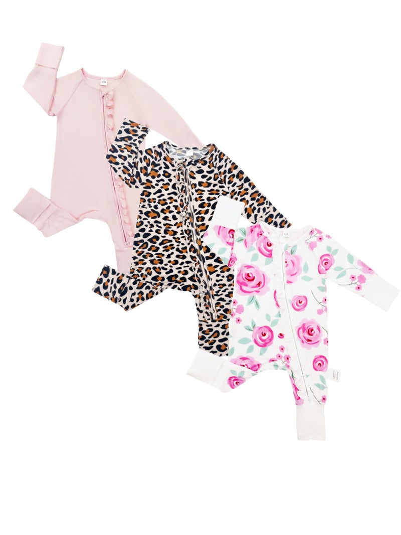 Bow Dream Baby Girl Clothing Footies Bamboo Rayon Baby Girl Clothes Baby Romper Jumpsuit Newborn-24 Months Pink Flower Leopard 1-3 Months - Image 1