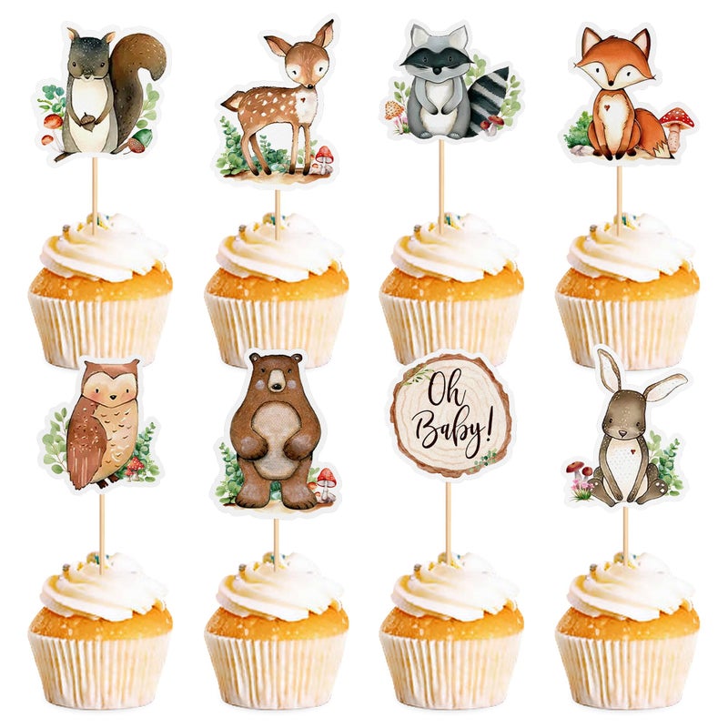 Ercadio 32 Pcs Woodland Party Cupcake toppers Picks Oh Baby Party Decorations Woodland Animals Cake Woodland Theme Baby Boy Girl Birthday Favors Woodland Party Supplies - Image 1