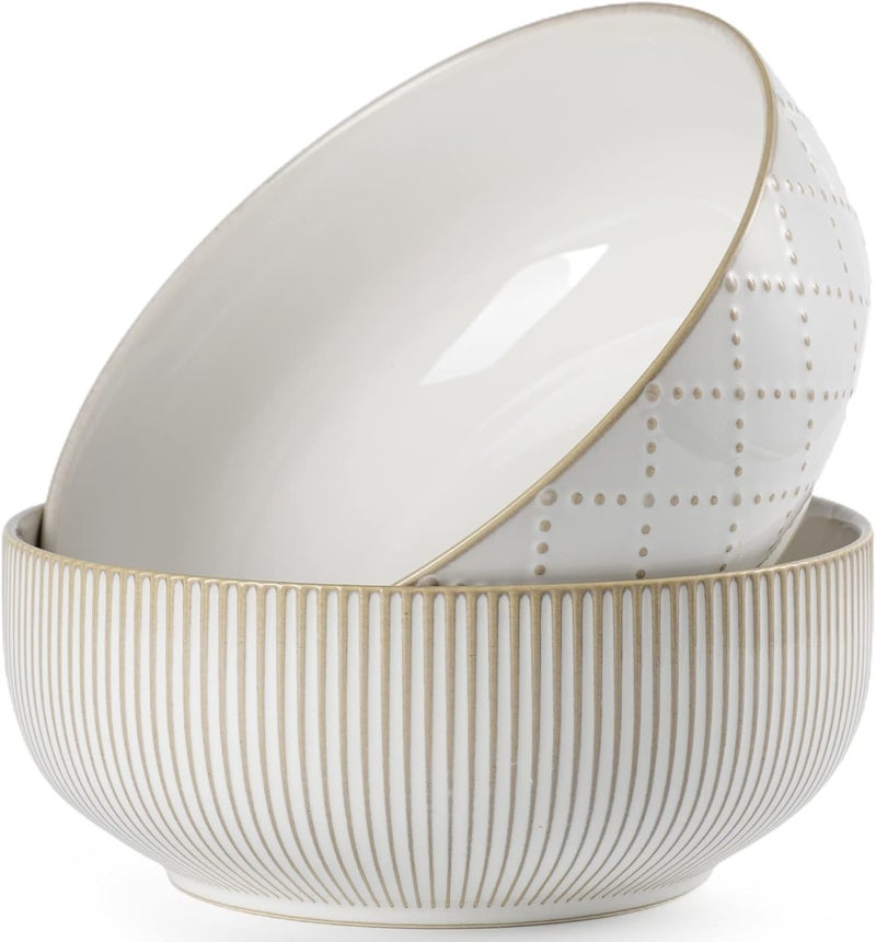 getstar Large Serving Bowls 8 inch  60 fl oz Ceramic Salad Bowl Set of 2 Microwave and Dishwasher Safe Farmhouse Kitchen Decorative Bowls Set Embossed Checks  Stripes - Image 1