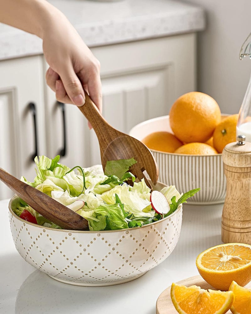 getstar Large Serving Bowls 8 inch  60 fl oz Ceramic Salad Bowl Set of 2 Microwave and Dishwasher Safe Farmhouse Kitchen Decorative Bowls Set Embossed Checks  Stripes - Image 5