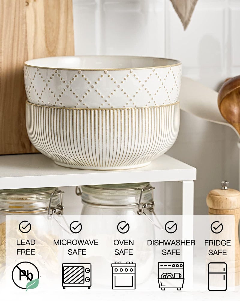 getstar Large Serving Bowls 8 inch  60 fl oz Ceramic Salad Bowl Set of 2 Microwave and Dishwasher Safe Farmhouse Kitchen Decorative Bowls Set Embossed Checks  Stripes - Image 4