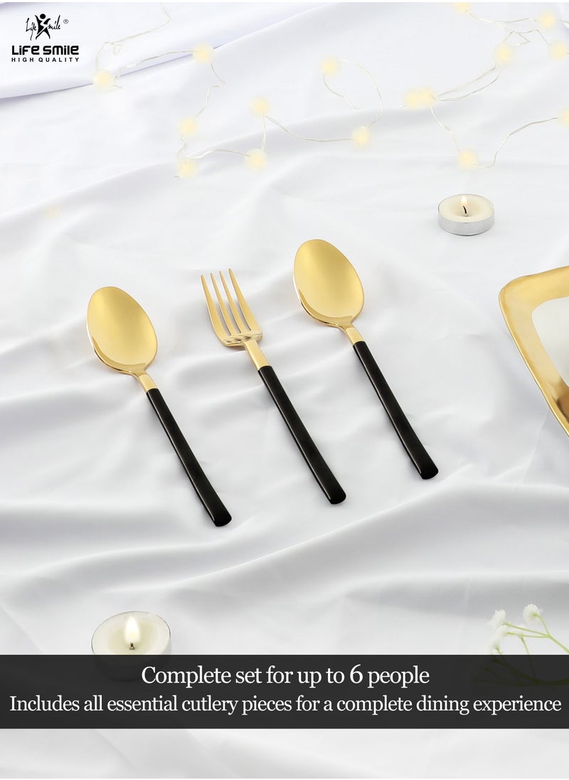 Life Smile - 24 Pieces Cutlery Set Service for 6 person,Pure Stainless Steel Flatware Set,Mirror Polished Cutlery Utensil Set Include Spoon/Fork/Knife/Tea Spoon(SHINY GOLD HEAD & SHINY BLACK HANDLE) - Image 1