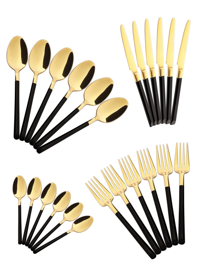 Life Smile - 24 Pieces Cutlery Set Service for 6 person,Pure Stainless Steel Flatware Set,Mirror Polished Cutlery Utensil Set Include Spoon/Fork/Knife/Tea Spoon(SHINY GOLD HEAD & SHINY BLACK HANDLE) - Image 1