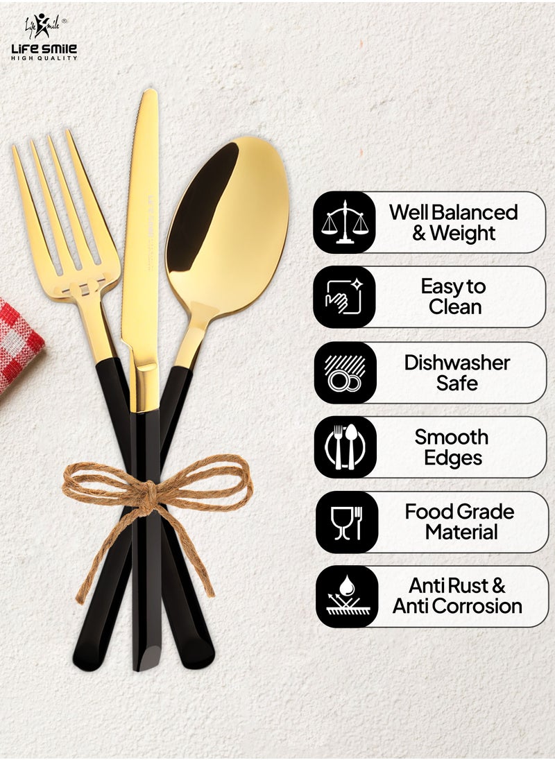 Life Smile - 24 Pieces Cutlery Set Service for 6 person,Pure Stainless Steel Flatware Set,Mirror Polished Cutlery Utensil Set Include Spoon/Fork/Knife/Tea Spoon(SHINY GOLD HEAD & SHINY BLACK HANDLE) - Image 1