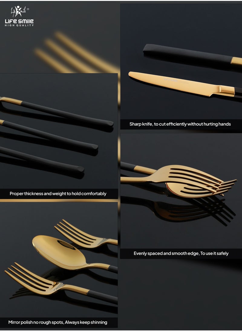 Life Smile - 24 Pieces Cutlery Set Service for 6 person,Pure Stainless Steel Flatware Set,Mirror Polished Cutlery Utensil Set Include Spoon/Fork/Knife/Tea Spoon(SHINY GOLD HEAD & SHINY BLACK HANDLE) - Image 1
