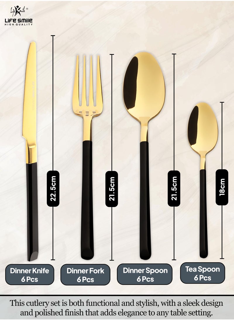 Life Smile - 24 Pieces Cutlery Set Service for 6 person,Pure Stainless Steel Flatware Set,Mirror Polished Cutlery Utensil Set Include Spoon/Fork/Knife/Tea Spoon(SHINY GOLD HEAD & SHINY BLACK HANDLE) - Image 1