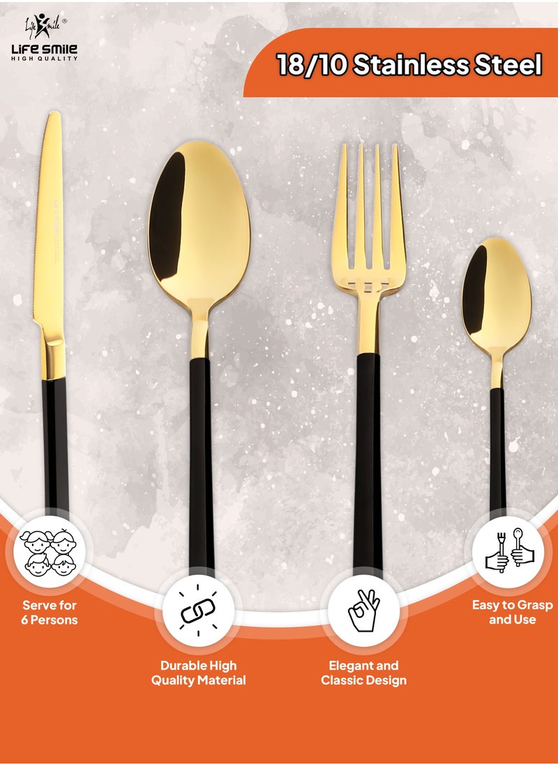 Life Smile - 24 Pieces Cutlery Set Service for 6 person,Pure Stainless Steel Flatware Set,Mirror Polished Cutlery Utensil Set Include Spoon/Fork/Knife/Tea Spoon(SHINY GOLD HEAD & SHINY BLACK HANDLE) - Image 1