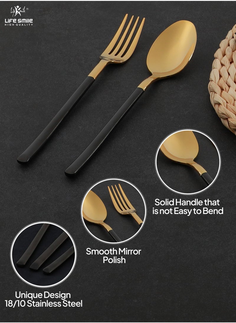 Life Smile - 24 Pieces Cutlery Set Service for 6 person,Pure Stainless Steel Flatware Set,Mirror Polished Cutlery Utensil Set Include Spoon/Fork/Knife/Tea Spoon(SHINY GOLD HEAD & SHINY BLACK HANDLE) - Image 1