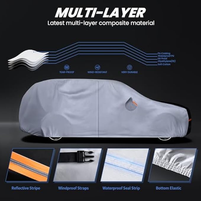 rayihni غطاء سيارة SUV كامل الحجم مقاوم للماء لجميع الأحوال الجوية، 10 طبقات أغطية سيارات خارجية للسيارات - واقي من الشمس والمطر أغطية خارجية كاملة. ملائمة مخصصة لسيارات سوبربان، GMC يوكون XL، كاديلاك إسكاليد، إلخ - Image 3
