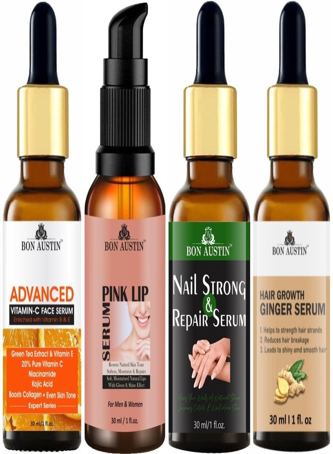 Bon Austin 100% Natural Advance Vitamin C Face Serum, Pink Lip Serum, Nail Strong and Repair Serum & Hair Growth Ginger Serum (Reduce Hair Fall) Each, 30ml - Combo of 4 Items - Image 1