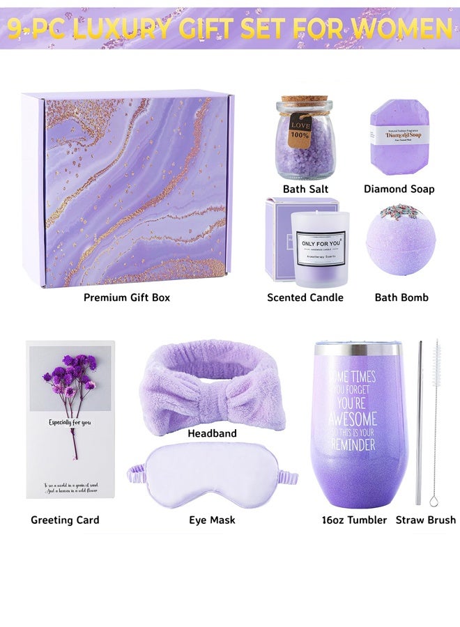 Hanayo طقم هدايا للنساء هدايا عيد ميلاد سلة هدايا للنساء طقم هدايا سبا للسيدات 9 قطع طقم سلة هدايا سبا مع صندوق هدايا طقم هدايا للاسترخاء للزوجة وأفضل صديقة (بنفسجي) - Image 2