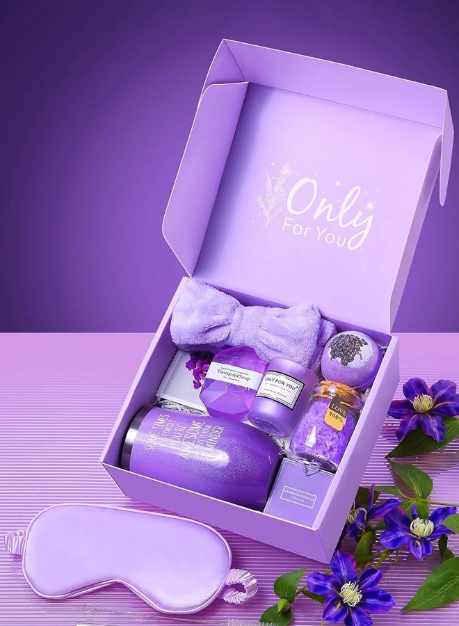 Hanayo طقم هدايا للنساء هدايا عيد ميلاد سلة هدايا للنساء طقم هدايا سبا للسيدات 9 قطع طقم سلة هدايا سبا مع صندوق هدايا طقم هدايا للاسترخاء للزوجة وأفضل صديقة (بنفسجي) - Image 3