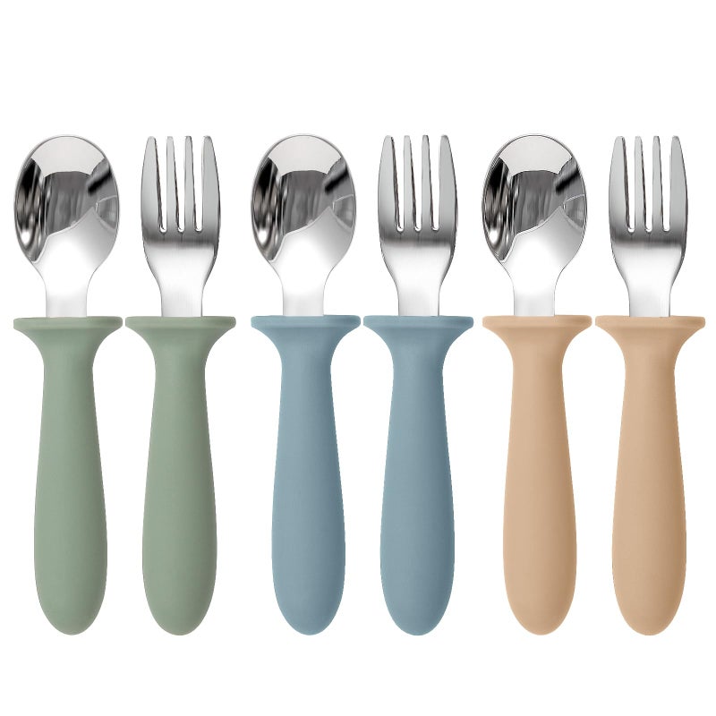Eascrozn Toddler Utensils, 6 Pack kids Silverware Set with Silicone Handle, 18/8 Stainless Steel Children Safe Forks and Spoons, Dishwasher Safe - Image 1