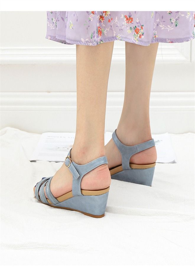 Loquat Fashion One-Line Buckle Wedge Heel Sandals 5CM Blue - Image 2