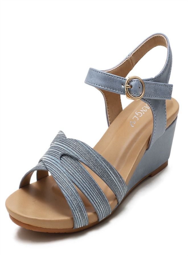 Loquat Fashion One-Line Buckle Wedge Heel Sandals 5CM Blue - Image 1