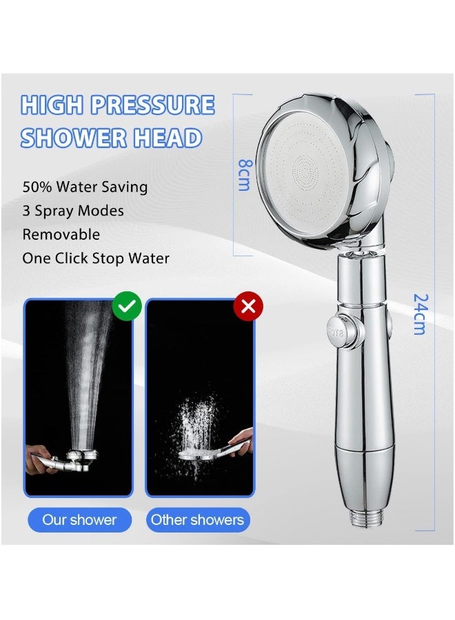 Shower Head, High Pressure Hand Held Showerhead, 360 Degree Rotating Water Saving Heads and Hose 2m Set with Pause Switch Adjustable Universal 3 Mode  - Image 5