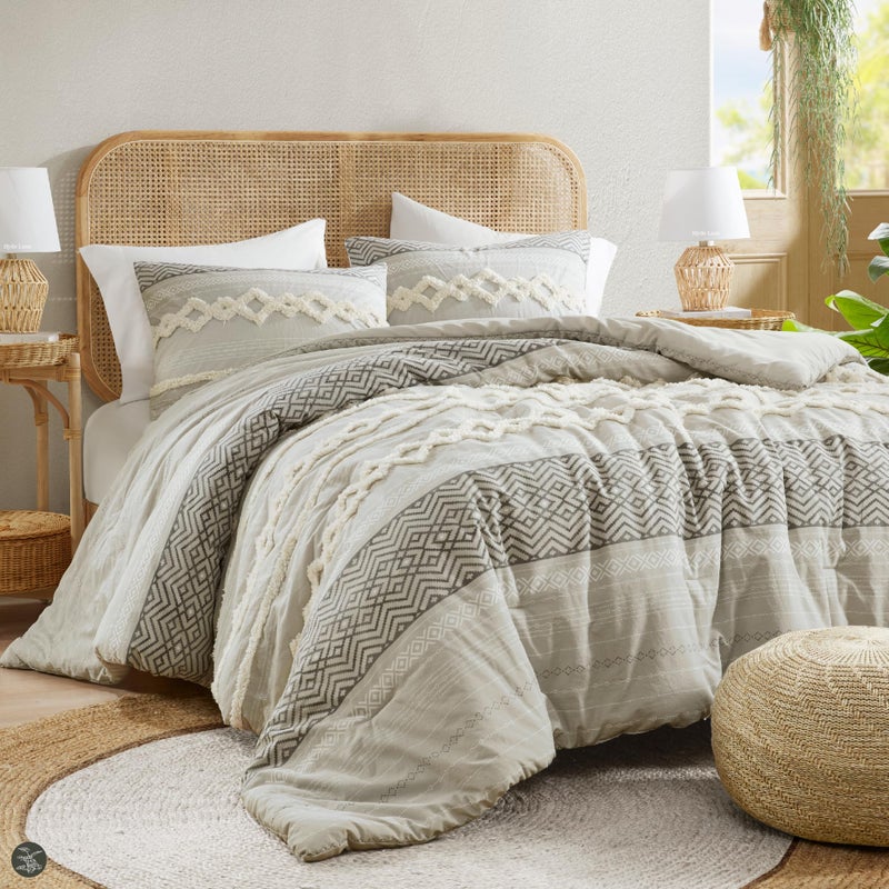 Hyde Lane Farmhouse Comforter Set Gray, Full/Queen Size Boho Bedding Sets, Cotton Top with Modern Neutral Style Clipped Jacquard Stripes, 3-Pieces Including Matching Pillow Shams (90x90 inches) - Image 1
