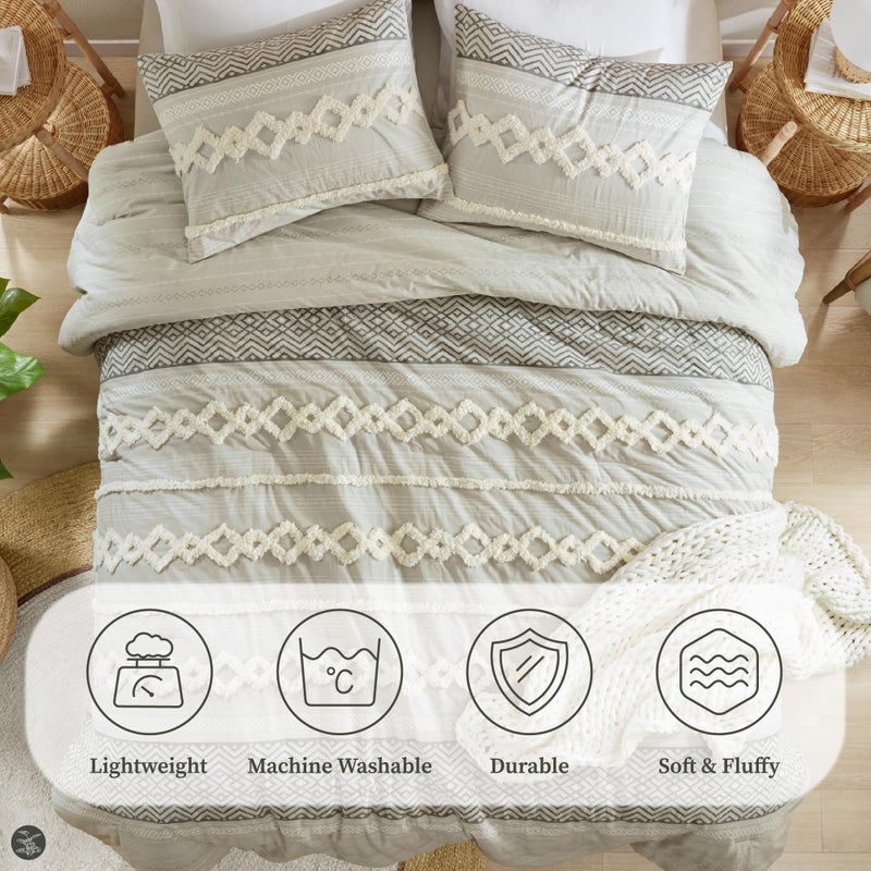 Hyde Lane Farmhouse Comforter Set Gray, Full/Queen Size Boho Bedding Sets, Cotton Top with Modern Neutral Style Clipped Jacquard Stripes, 3-Pieces Including Matching Pillow Shams (90x90 inches) - Image 4