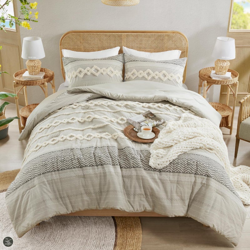 Hyde Lane Farmhouse Comforter Set Gray, Full/Queen Size Boho Bedding Sets, Cotton Top with Modern Neutral Style Clipped Jacquard Stripes, 3-Pieces Including Matching Pillow Shams (90x90 inches) - Image 5