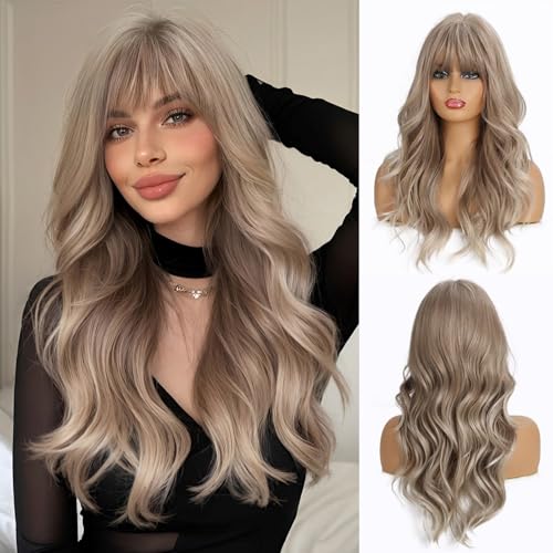 Esmee Highlight Brown Blonde Ash Gray Long Wigs Heat Resistant Synthetic Cosplay Wavy Wigs With Bangs for Women - Image 1