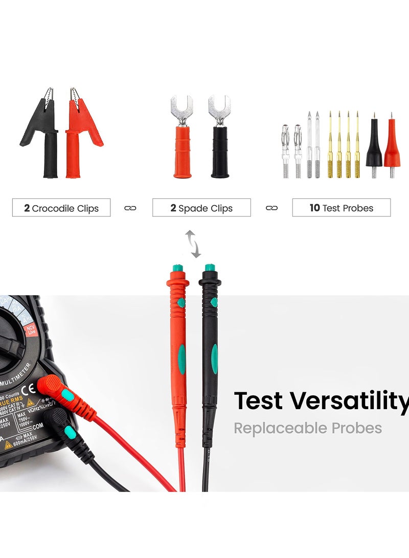 KASTWAVE Multimeter Test Leads Kit, Test Leads with Double Insulated Anti-Slip Hand Grips, Replaceable Test Probes Set of 16 (Crocodile Clips, Spade Terminal, Banana Plug, Cooper-plated Sharp Tips) - Image 4