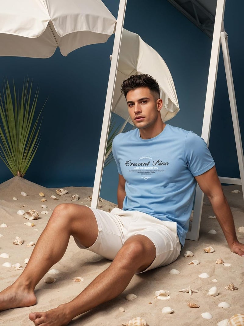 ADRO Men's Regular Fit T-Shirt - Crescent Line Typography in Sky Blue - Image 5