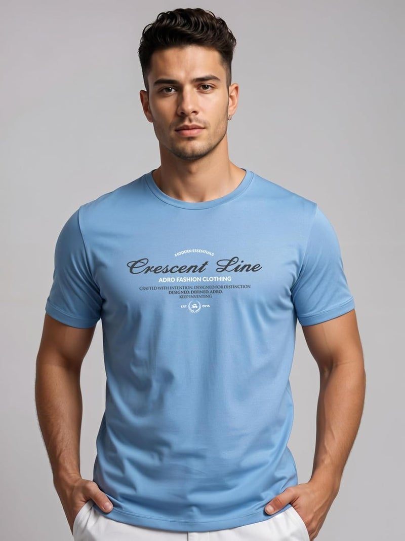 ADRO Men's Regular Fit T-Shirt - Crescent Line Typography in Sky Blue - Image 2