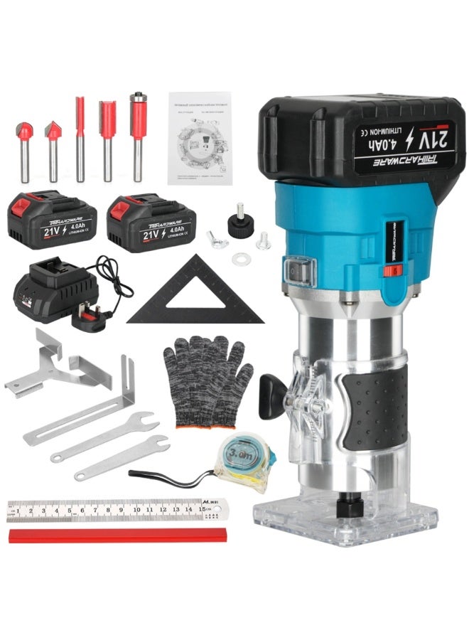 TriThardware Cordless Wood Router, 21V Brushless Trimmer Router with 2 x 4.0Ah Battery, Portable Lithium Electric Router 6 Speed Adjustable, Wood Router Tool with 1/4" Router Bits, Using for Wood Slotting, Trimming-Blue - Image 1