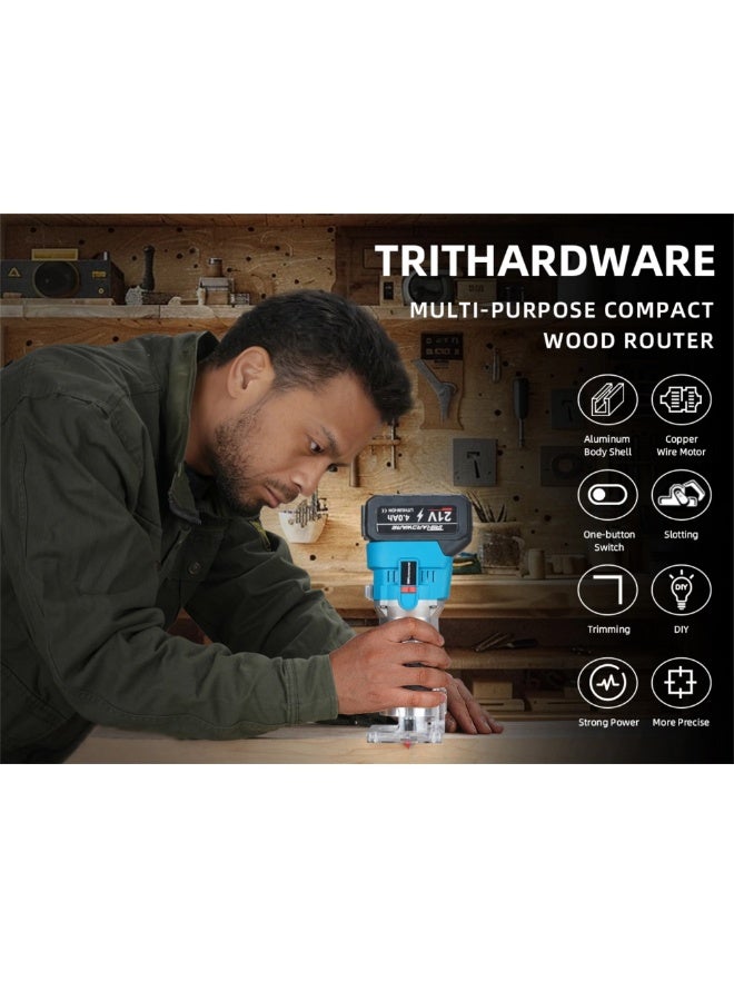 TriThardware Cordless Wood Router, 21V Brushless Trimmer Router with 2 x 4.0Ah Battery, Portable Lithium Electric Router 6 Speed Adjustable, Wood Router Tool with 1/4" Router Bits, Using for Wood Slotting, Trimming-Blue - Image 3