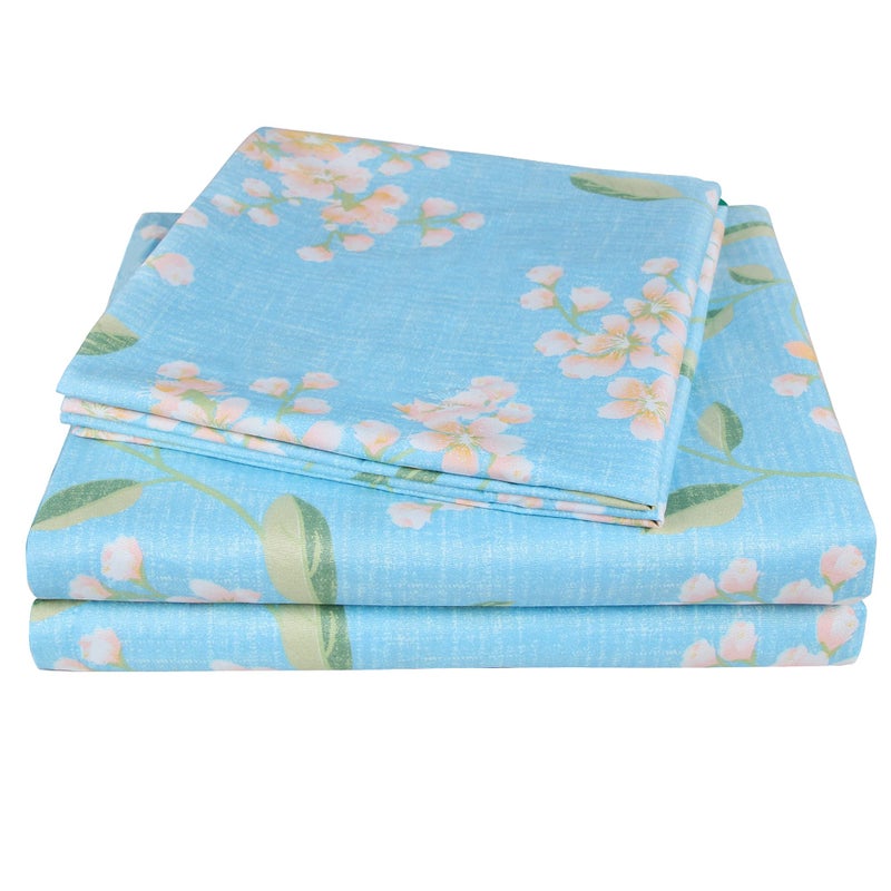 JSD Blue Floral Printed Sheet Set King Size 4 Piece Soft Pattern Microfiber Sheets Extra Deep Pocket