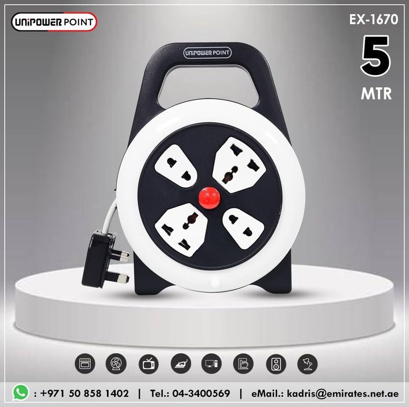 Unipower 4 Way Socket Extension Reel with Switch Cassette Cable Lead, 5 Meter Length - Image 3