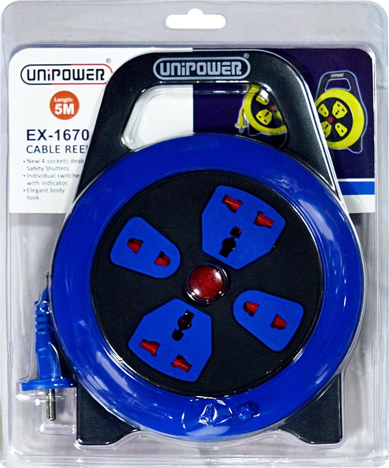 Unipower 4 Way Socket Extension Reel with Switch Cassette Cable Lead, 5 Meter Length - Image 4