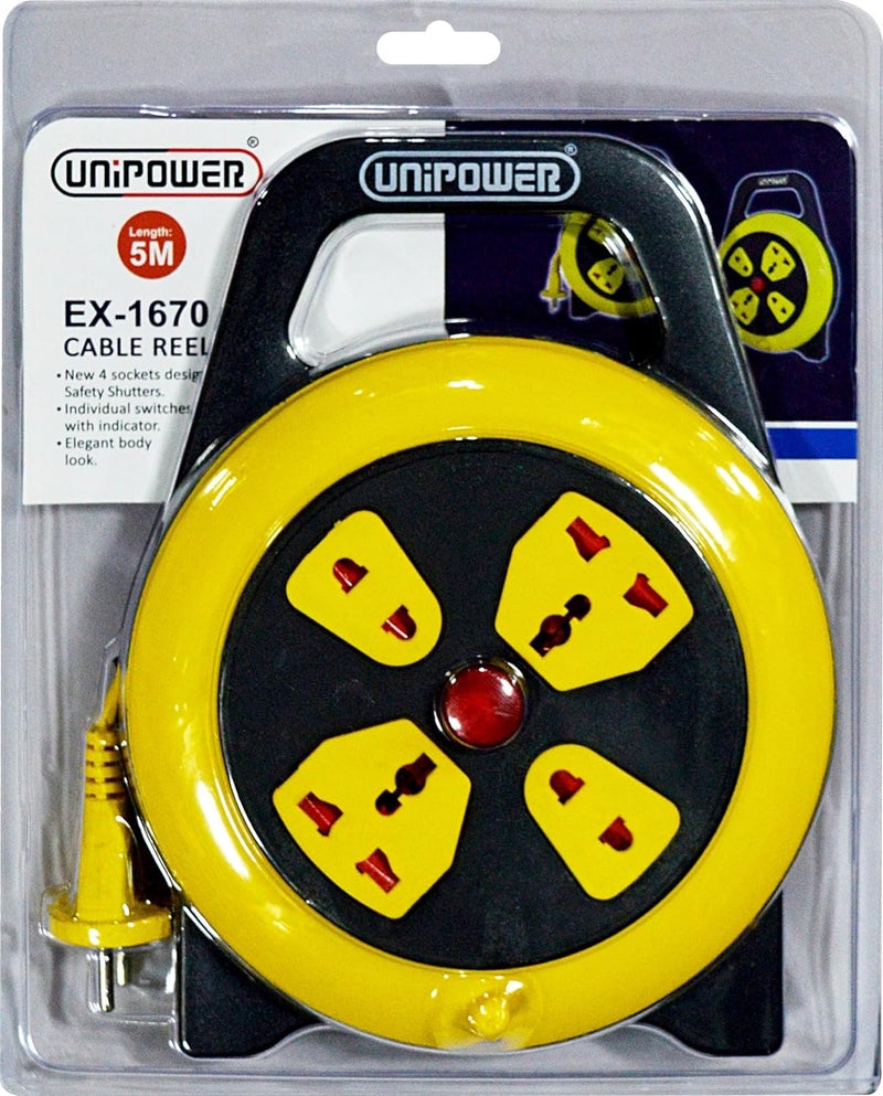 Unipower 4 Way Socket Extension Reel with Switch Cassette Cable Lead, 5 Meter Length - Image 1