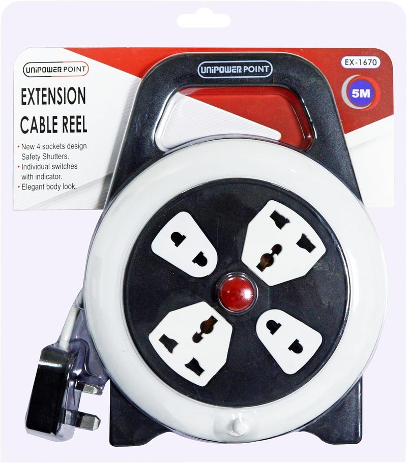 Unipower 4 Way Socket Extension Reel with Switch Cassette Cable Lead, 5 Meter Length - Image 2