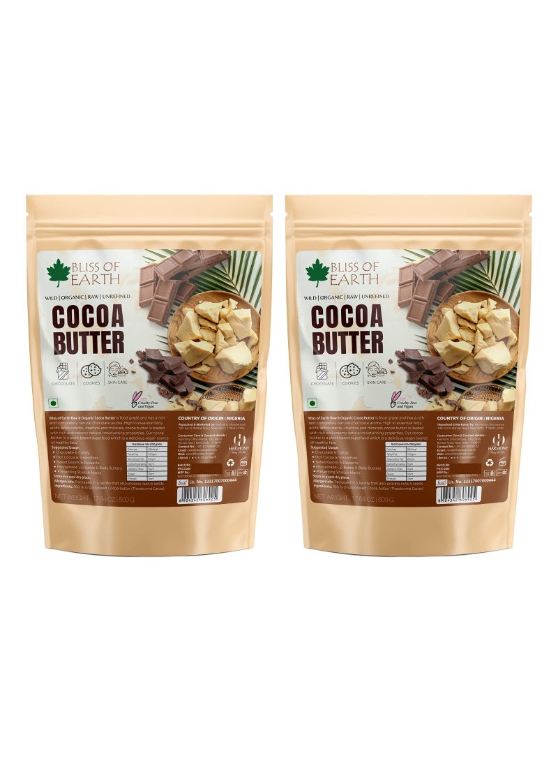 BLISS OF EARTH Cocoa Butter 100% Pure Organic Raw 500GM Raw Unrefined African Great For Face, Skin, Body and Lips Pack of 2 