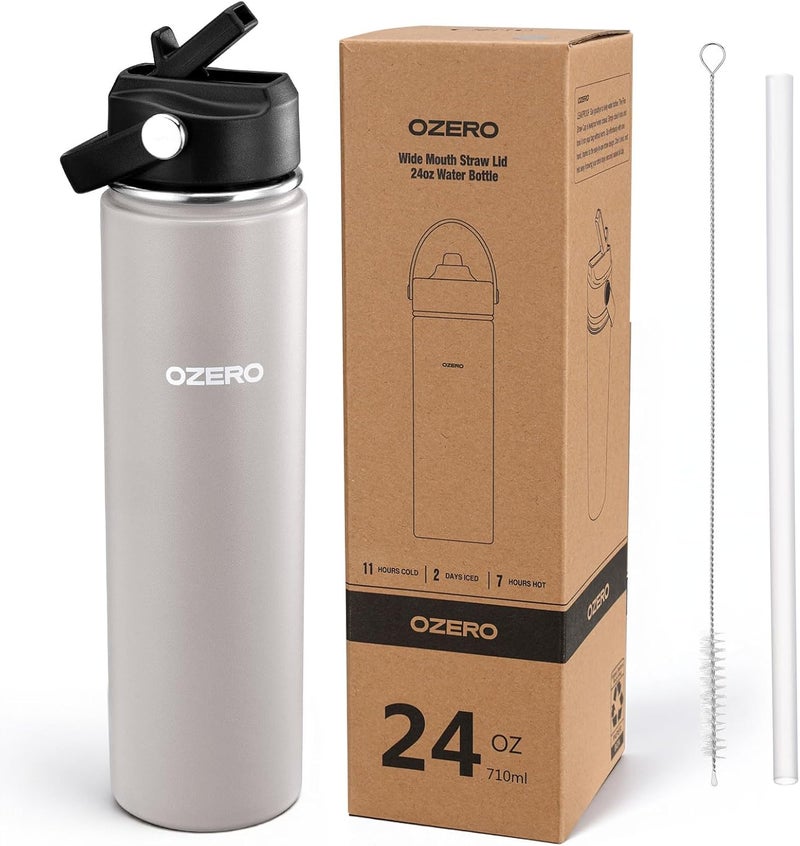 OZERO 24 Oz Insulated Stainless Steel Water Bottle with Lid and Straw - Double Wall Tumbler for Hot & Cold Drinks, Fits in Car Cup Holder, Leak-Proof Water Bottle for Sports, Gym and School - Image 1