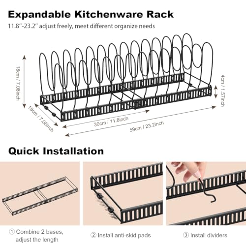 Housolution Pot and Pan Organizer Rack for Cabinet, Expandable Pot Lid Organizer Holder with 14 Adjustable Dividers, Fully Expanded Size 22.83" W x 7.09" D x 7.09" H, Black - Image 5