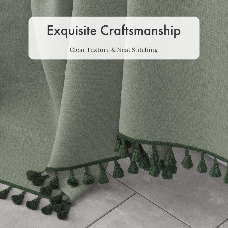 AmazerBath Farmhouse Shower Curtain, Sage Green Linen Shower Curtain with 3 Side Green Tassel, Boho Shower Curtain Set with 12 Upgraded Hooks for Neutral Country Bathroom, 72x72 Inches - Image 3