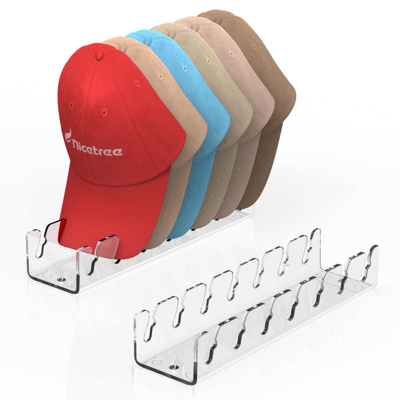 Nicetree Hat Organizer for Baseball Caps, 2 Pcs No Install Acrylic Hat Racks for 14 Baseball Caps Storage, Hat Stand for Caps Display and Organizer for Dresser, Bedroom, Closet, Office - Image 1