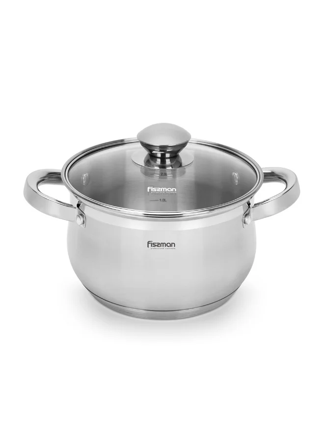 فيسمان Stockpot with Glass Lid 20x12.5cm / 3.9L with Measuring Mark, Stainless Steel Stockpot Felina Series | Stay-cool Handle | Induction Ready | Dishwasher Safe | Compatible with All Stovetops