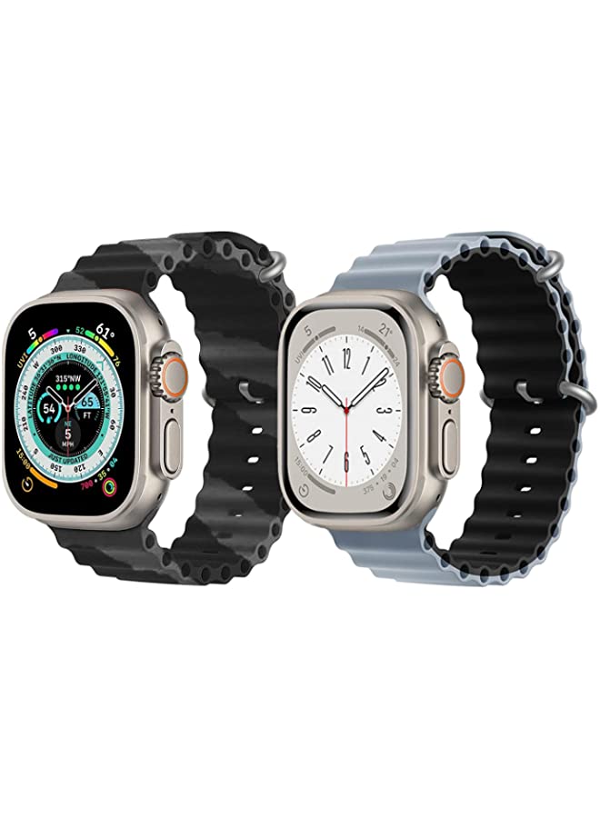 IAF Silicone Ocean Band Strap for Apple Watch Ultra 8 49mm Black/Gray Double Line Strap with Light Blue/Black Double Side Strap Set of 2