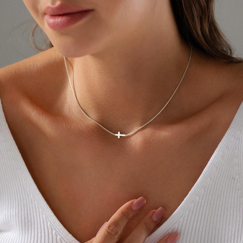 Rotnso Cross Necklace for Women Silver Plated Dainty Small Sideways Cross Pendant Choker Simple Trendy Cute Cross Charm Box Chain Necklace Easter Basket Stuffers Baptism Religious Faith Jewelry Gift - Image 3