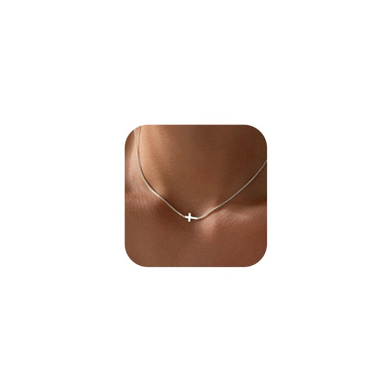 Rotnso Cross Necklace for Women Silver Plated Dainty Small Sideways Cross Pendant Choker Simple Trendy Cute Cross Charm Box Chain Necklace Easter Basket Stuffers Baptism Religious Faith Jewelry Gift - Image 1