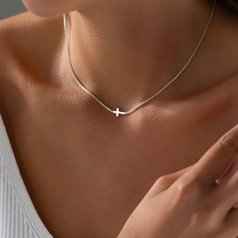 Rotnso Cross Necklace for Women Silver Plated Dainty Small Sideways Cross Pendant Choker Simple Trendy Cute Cross Charm Box Chain Necklace Easter Basket Stuffers Baptism Religious Faith Jewelry Gift - Image 2