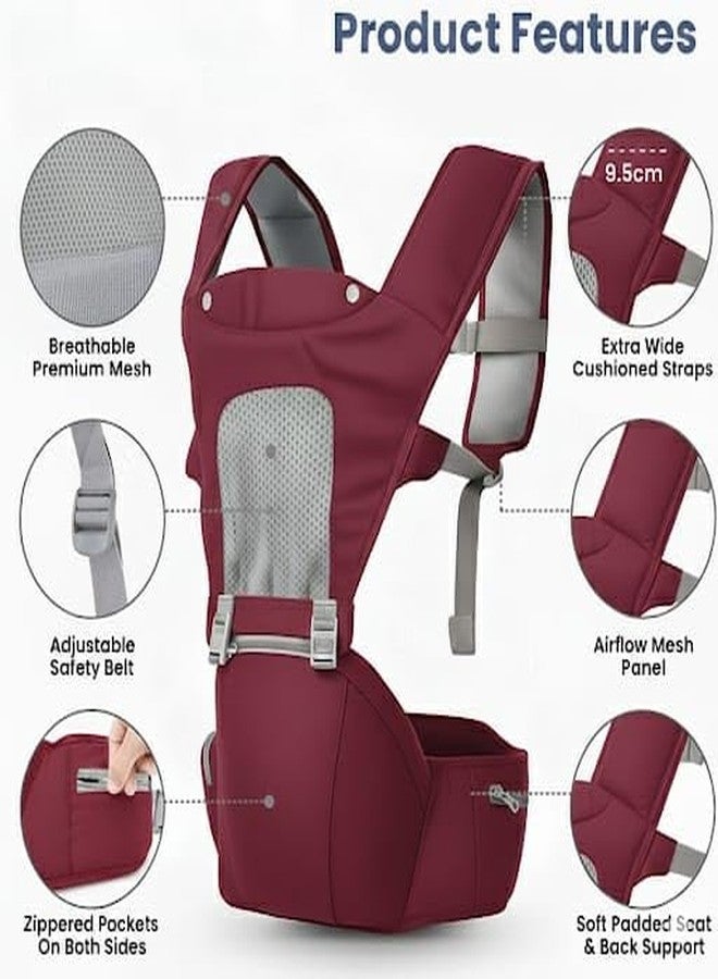 hierax Baby Carrier Bag with Hip Seat, Ergonomic Design with Breathable Mesh Panels, Multiple Carrying Positions, (Maroon) - Image 3