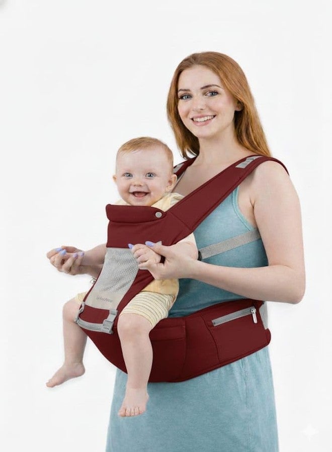 hierax Baby Carrier Bag with Hip Seat, Ergonomic Design with Breathable Mesh Panels, Multiple Carrying Positions, (Maroon) - Image 1